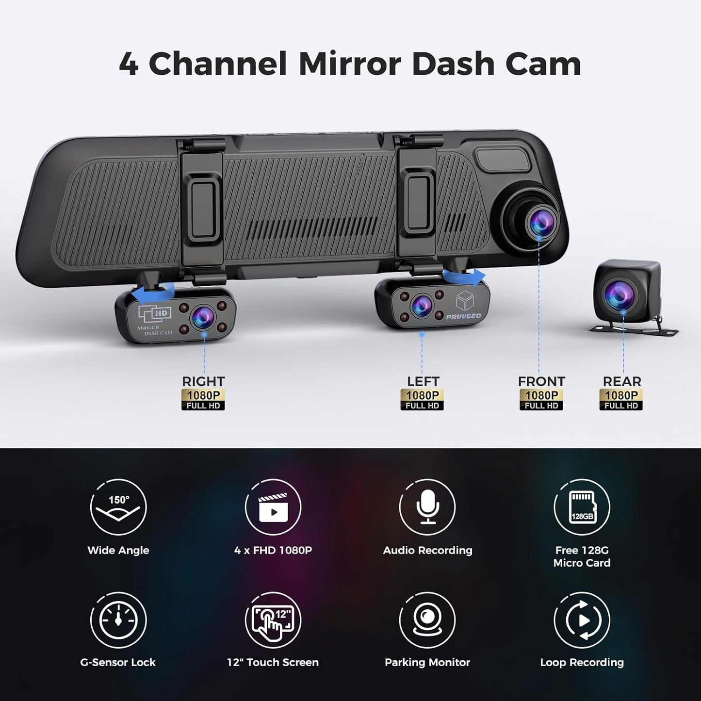 J20-4CH-128GB Mirror Dash CAM With Microwave Radar