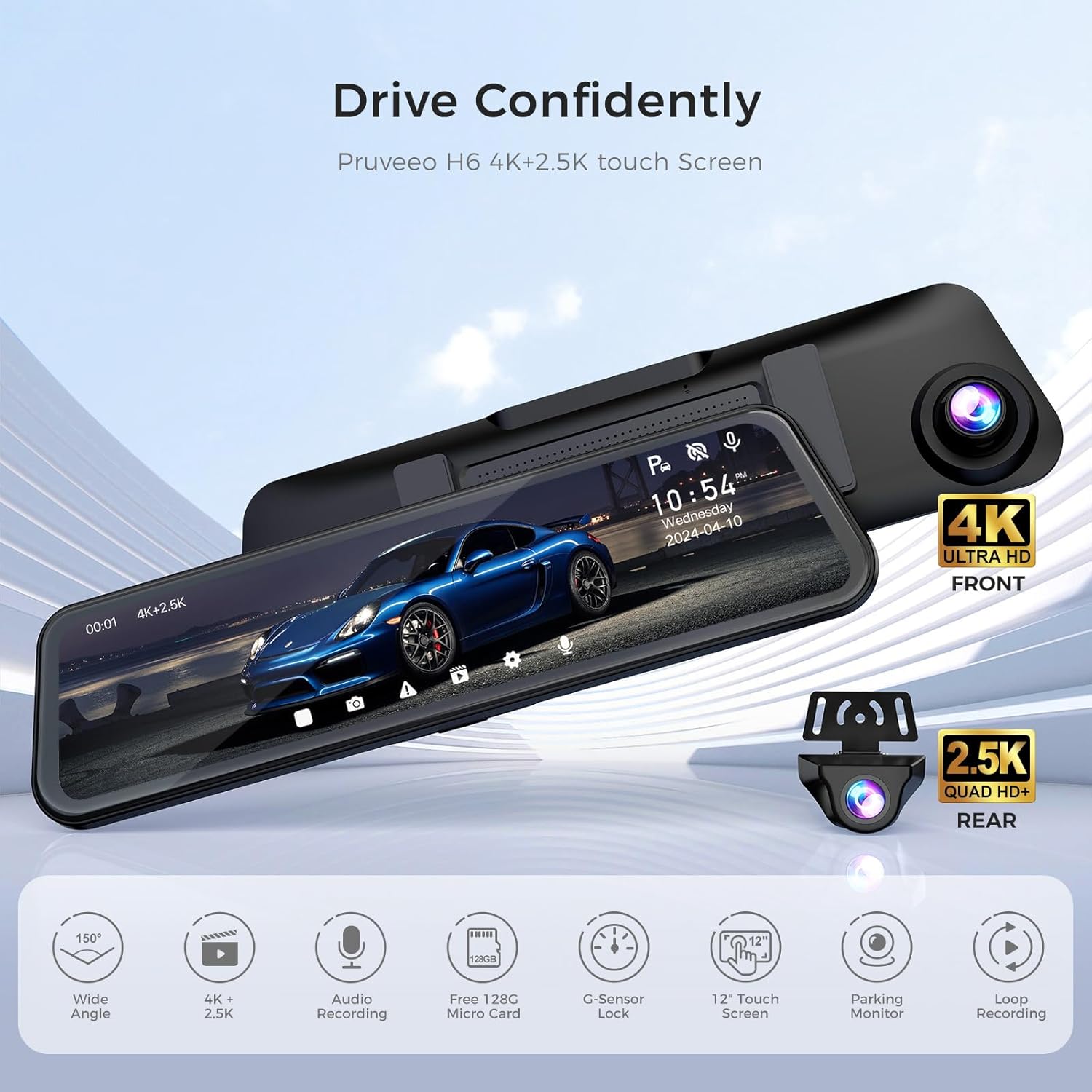 Pruveeo J20 Three Channel outlets Dash Cam Touchscreen Mirror